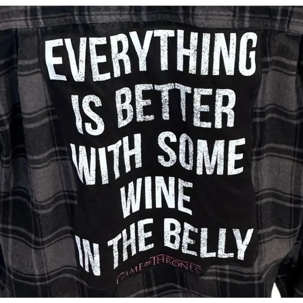 Some Wine In the Belly Plaid Flannel Shirt MEDIUM Oversize Unique Game of Throne - Picture 2 of 6